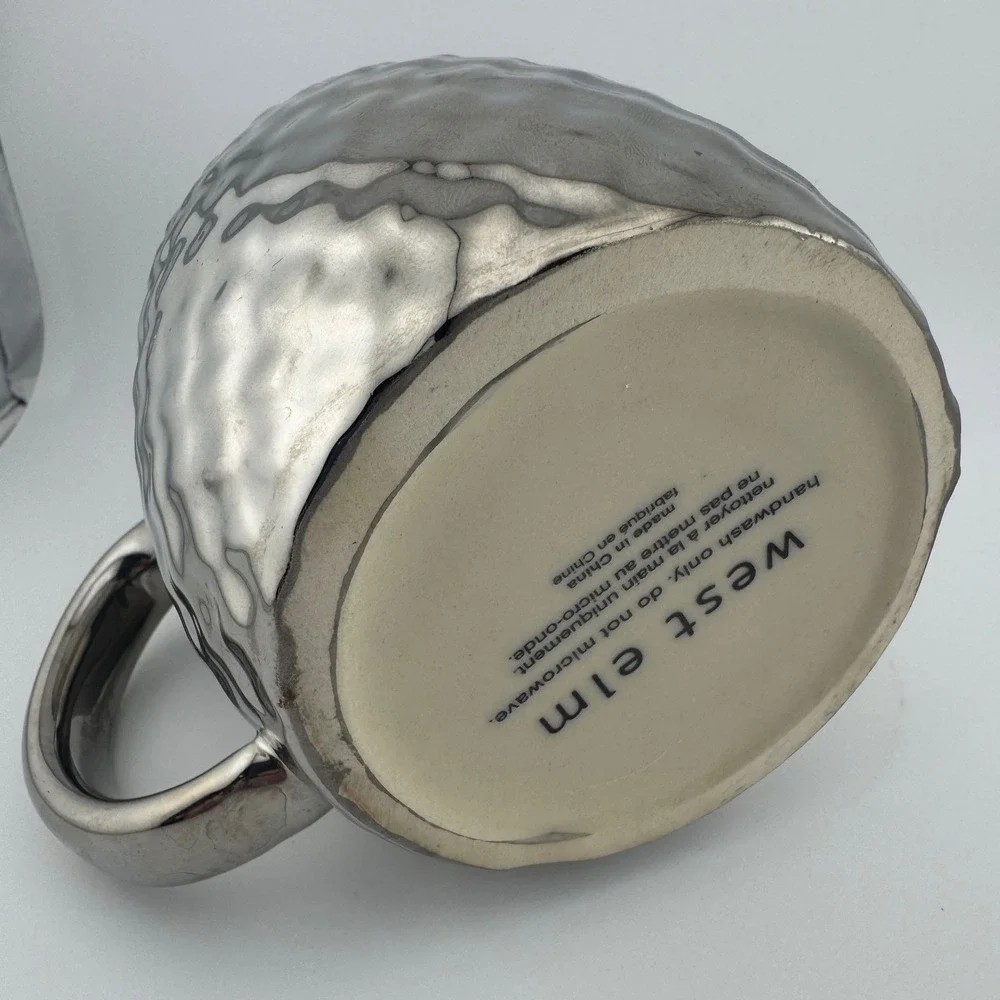 West Elm Owl Coffee Mug Metallic Silver Ceramic Textured Hammered Cup‎